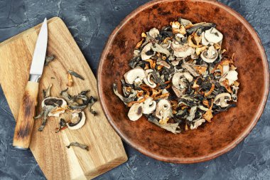 Kurutulmuş mantar çeşitleri. Düz yatıyordu.