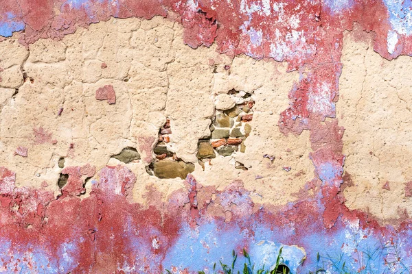 Stará Malovaná Omítková Stěna Venku Barva Mnoha Barvách Odlupování Zestárlého — Stock fotografie