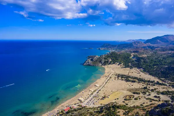 stock image Tsambika Beach - View from Monastery of Panagia Kyra Psili - Paradise coast scenery of Rhodes - Travel destination in Greece