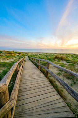 Gün batımında Tahta Yürüyüş Cennete Giden Sahil - Toskana - İtalya 'da Seyahat Varış Yeri