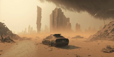 Epic post-apocalyptic desert landscape on a sunny hot day with a storm coming in the background illustration art