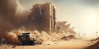 Epic post-apocalyptic desert landscape on a sunny hot day with a storm coming in the background illustration art