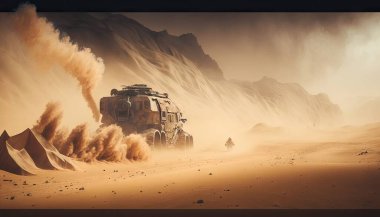 Epic post-apocalyptic desert landscape on a sunny hot day with a storm coming in the background illustration art