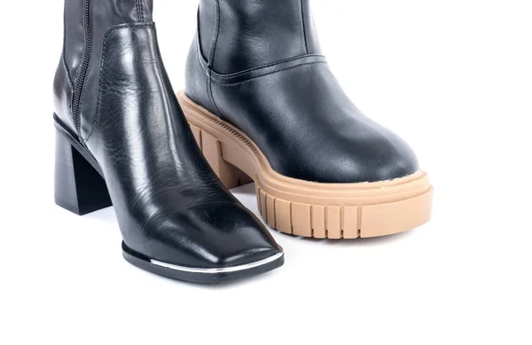 Νέα Μαύρη Δερμάτινη Dressy Boot Square Metal Toe Verses Casual — Φωτογραφία Αρχείου