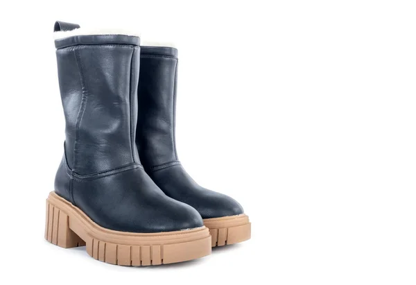 Par New Women Chunky Heel Black Winter Boots Forrado Com — Fotografia de Stock