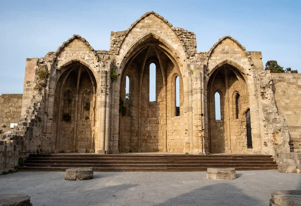 Ruiny Kościoła Matki Boskiej Burgh Rodos Grecja Popołudniowym Słońcu — Zdjęcie stockowe