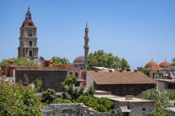 Stock image Rhodes Old Town Skyline Dominated by the Roloi Clock Tower and Suleymaniye Mosque