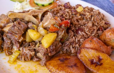 Bir tabak dolusu kızarmış bitki, pirinç ve fasulye ve sebze salatası ile Oxtail Stew.