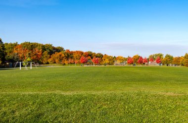 Football field and basketball court surrounded by colorful fall foliage clipart