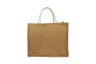 Beyaz arka planda izole edilmiş doğal jüt liflerinden yapılmış alışveriş torbaları. tekrar kullanılabilir ve çevre dostu