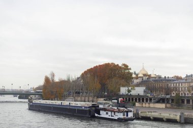 Paris 'in, Büyük Dönme Dolap ve St. Vladimir Ortodoks Kilisesi manzaralı, Seine Nehri üzerindeki köprüden manzara fotoğrafı.