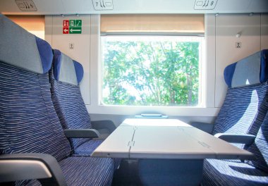 Photography of the interior of a train during a trip window and landscape during the afternoon inside a wago