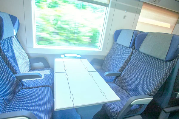 Photography of the interior of a train during a trip window and landscape during the afternoon inside a wago