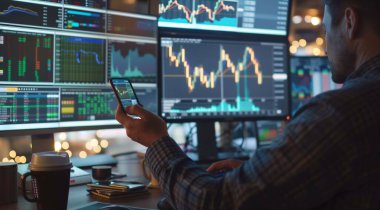 Bu aydınlatıcı resimde, bir adam dijital navigatör rolünü üstlenir, veri ve fırsatlar denizinin ortasında finansal başarıya giden yolları çizer. Akıllı telefonu pusula görevi görürken borsa uygulamasını kolaylıkla yönetir.