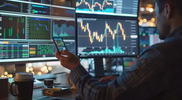 Bu aydınlatıcı resimde, bir adam dijital navigatör rolünü üstlenir, veri ve fırsatlar denizinin ortasında finansal başarıya giden yolları çizer. Akıllı telefonu pusula görevi görürken borsa uygulamasını kolaylıkla yönetir.