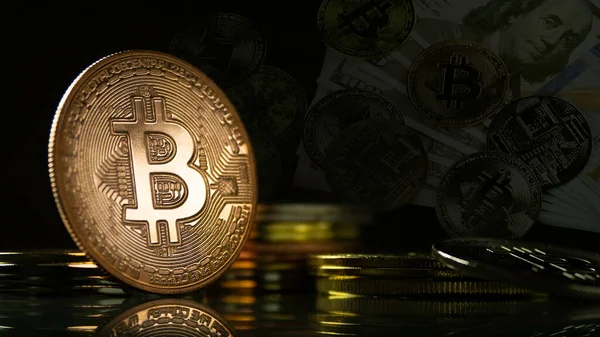 Bitcoins Dourados Criptomoeda Com Conceito Tecnologia Blockchain Com Notas Dólar — Fotografia de Stock