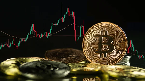 Golden Bitcoins Crypto Valuta Med Blockchain Teknik Koncept Med Diagram — Stockfoto