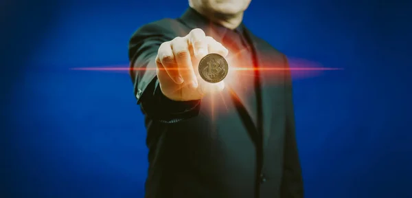 Successful Businessman Showing Golden Bitcoin Crypto Currency Blockchain Technology Concept — Stock Photo, Image
