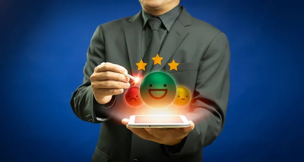 Businessman Customer Give Rating Service Experience Virtual Touch Screen Finger — Stock Photo, Image