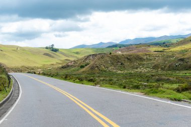 Soğuk bir iklimde ufukta kaybolan bir yolu ve yanında yeşil otlakları olan dağlık bir arazi.