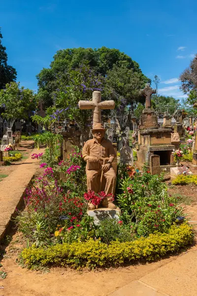 Barichara, Santander, Kolombiya, 11 Ekim 2024. Barichara mezarlığındaki eşsiz bir mezarın dikey görüntüsünde oturan bir dedeye ait taş oymalı bir heykel var. Süslü bitkilerle çevrelenmiş mezar, sanatsal ifadeyi huzur ile harmanlıyor. 