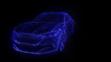 Üç boyutlu noktalardan bir araba. Araba üç boyutlu animasyon. VJ döngüsü videosu. Noktalı VFX 3d ızgara araba. 