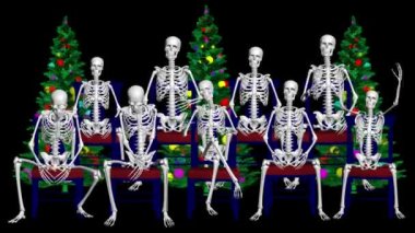 İskeletler oturuyor ve Noel ağacıyla konuşuyor. Noel iskeletleri konuşur. 3B iskeletler.