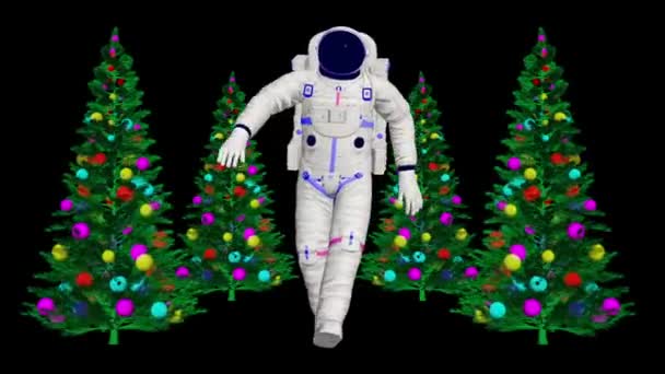 宇宙飛行士はクリスマスツリーで踊ります 宇宙でのクリスマスダンス 3Dアニメーションダンス宇宙飛行士 — ストック動画