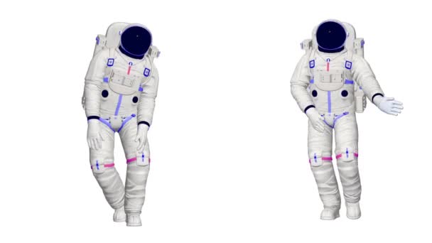 2人の3D宇宙飛行士が踊る 宇宙服を着たダンス宇宙飛行士の現実的な3Dアニメーション — ストック動画