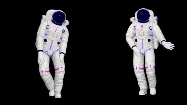 Dwóch Astronautów Tańczy Realistyczna Animacja Tańczących Astronautów Skafandrach Kosmicznych Kosmosie — Wideo stockowe