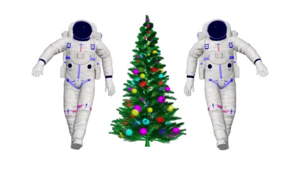 两名宇航员与圣诞树共舞 在太空中跳圣诞舞3D动画舞蹈宇航员 — 图库视频影像