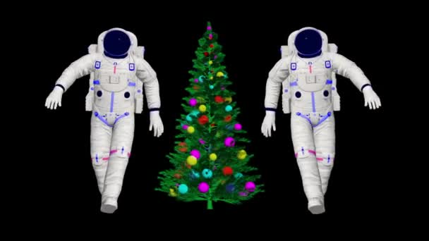 Dva Astronauti Tančí Vánočním Stromem Vánoční Tanec Vesmíru Animace Taneční — Stock video