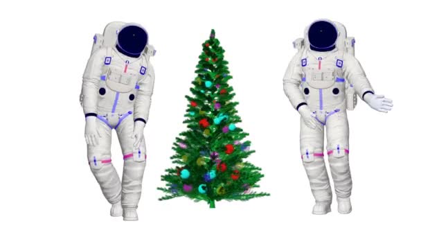 Dwóch Astronautów Tańczy Choinką Świąteczny Taniec Kosmosie Animacja Astronauci Taniec — Wideo stockowe