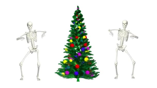 スケルトンはクリスマスツリーで踊っています クリスマススケルトンダンス 3Dダンススケルトン — ストック動画