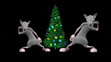 Dans eden fareler ve Noel ağacı. Gerçekçi profesyonel 3 boyutlu animasyon. Fare dansı. Mutlu Noeller..
