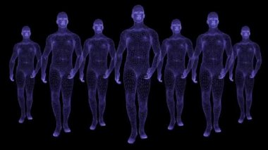 Yürüyen ve konuşan adamlar 3 boyutlu animasyon. Ağ dokusu, ızgara mistik dokusu. Holografik adamlar yürüyüp konuşuyorlar. 3 Boyutlu Hologram.