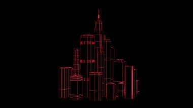 Gelecekçi şehir. Üç boyutlu animasyon. Ağ dokusu ızgarası.
