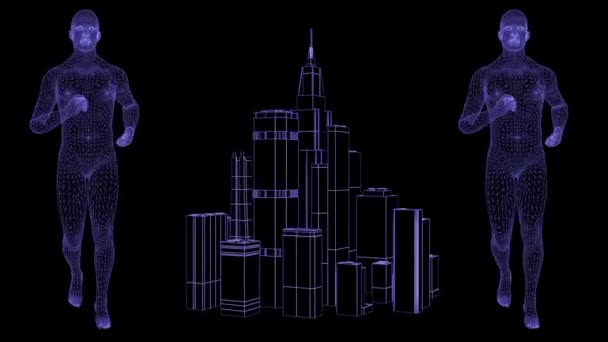 Sprechende Männer Mit Futuristischer Stadt Animation Maschenstrukturraster Der Holographische Mann — Stockvideo