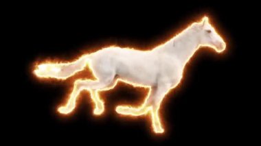 Koşan ateşli at. Animasyon atı yanıyor. Dörtnala koşuyor. Mor mistik ateş. Peri masalı parıltısı.