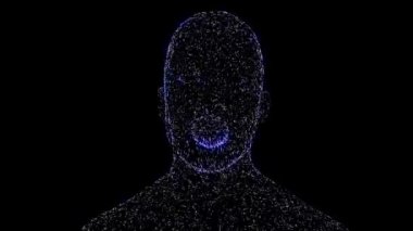 Animasyon konuşan adam. İnsan kafası mavi çizgilerle canlandırılır. 3B Holografik Canlandırma.