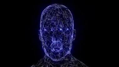 Animasyon konuşan adam. İnsan kafası mavi çizgilerle canlandırılır. 3B Holografik Canlandırma.
