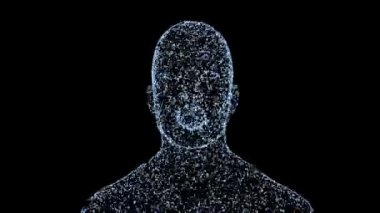 Animasyon konuşan adam. İnsan kafası mavi çizgilerle canlandırılır. 3B Holografik Canlandırma.