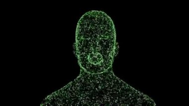Animasyon konuşan adam. İnsan kafası mavi çizgilerle canlandırılır. 3B Holografik Canlandırma.