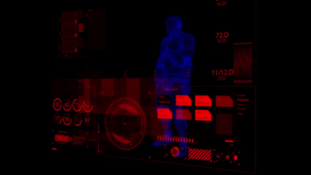 未来的な男性は 状況センターの3Dデジタル透明な図を見ています 3Dアニメーション — ストック動画