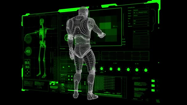 Uomo Futuristico Guarda Diagramma Digitale Trasparente Centro Situazione Animazione Filmati — Video Stock