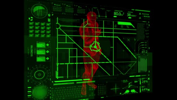 未来的な男性は 状況センターの3Dデジタル透明な図を見ています 3Dアニメーション — ストック動画