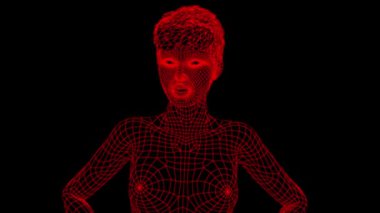 Üç boyutlu örgü şeklinde konuşan çekici bir kız. Şebeke dokusuna sahip kadın gerçekçi konuşuyor. 3 Boyutlu Canlandırma.