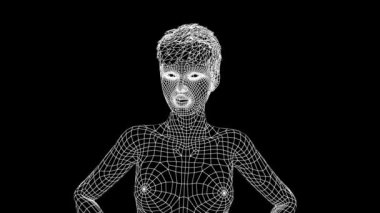 Üç boyutlu örgü şeklinde konuşan çekici bir kız. Şebeke dokusuna sahip kadın gerçekçi konuşuyor. 3 Boyutlu Canlandırma.