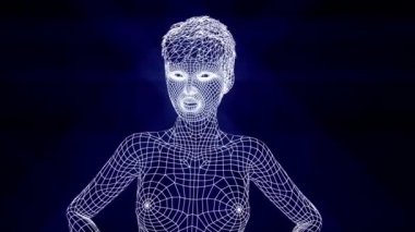 Üç boyutlu örgü şeklinde konuşan çekici bir kız. Şebeke dokusuna sahip kadın gerçekçi konuşuyor. 3 Boyutlu Canlandırma.