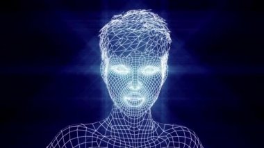 Üç boyutlu örgü şeklinde konuşan çekici bir kız. Şebeke dokusuna sahip kadın gerçekçi konuşuyor. 3 Boyutlu Canlandırma.